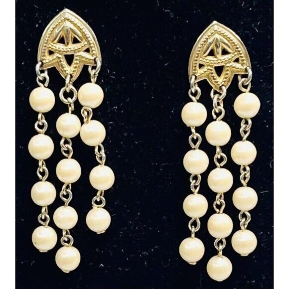 VTG AVON 2.5" Art Deco Style Goldtone & Faux Pearl Stud Dangle EARRINGS No Backs - Picture 1 of 3